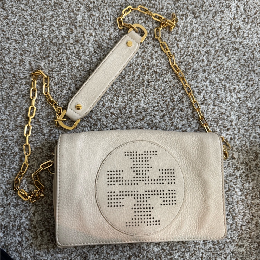 Tory Burch Cream and Gold Crossbody Bag with Perforated Logo